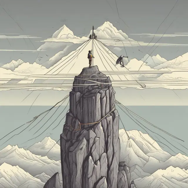 Person on tightrope between risk and security mountains, balancing with a Guaranteed Minimum Accumulation Benefit (GMAB) rider as safety net