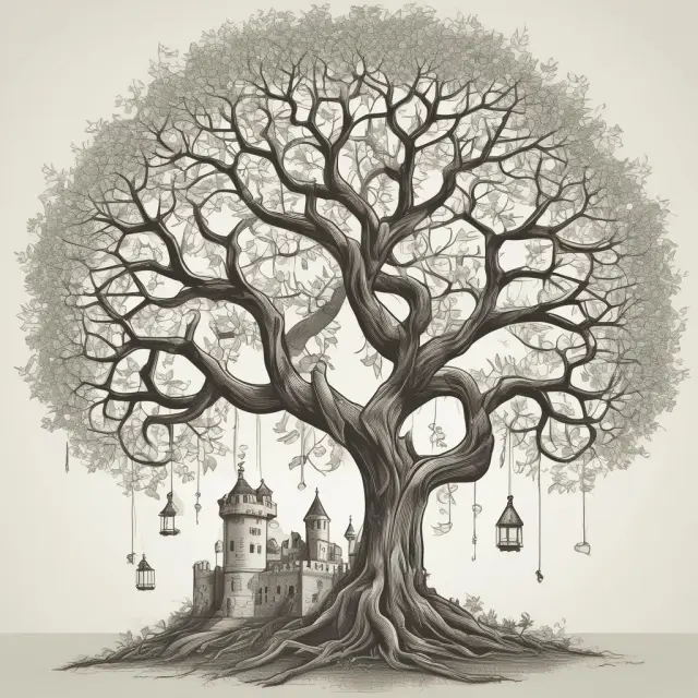 A vine connects a castle (GmbH) and a tree (Kommanditgesellschaft), illustrating the hybrid GmbH & Co. KG business structure combining control, liability, and investment advantages.