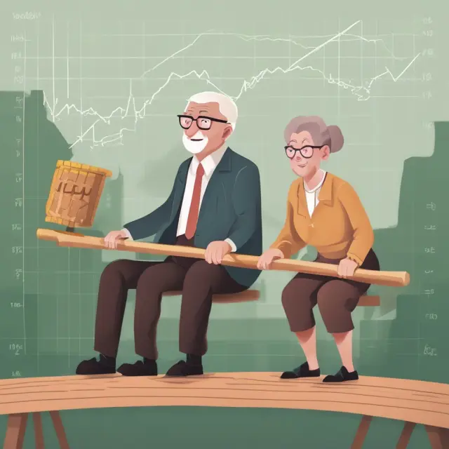 Elderly couple managing retirement income on a see-saw amidst market graphs and GMIB icon