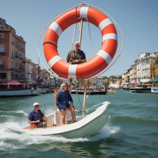 A retiree navigating turbulent financial waters, secured by a lifebuoy labeled 
