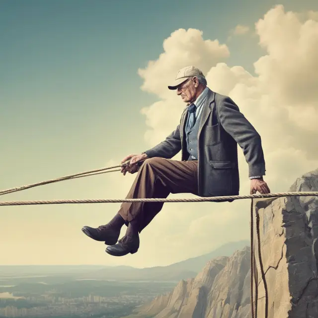 A retiree standing atop a tightrope, balancing between the peace of mind offered by a Guaranteed Minimum Income Benefit (GMIB) and the potential market gains, symbolizing their investment decision.