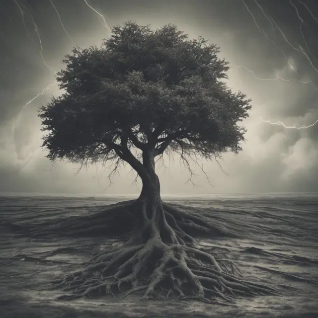 A tree with a shield guarding it during a storm, representing the securing effect of Guaranteed Minimum Income Benefits