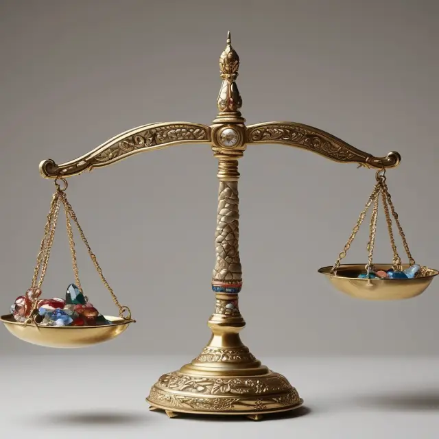 Balanced scales adorned with precious jewels representing two companies