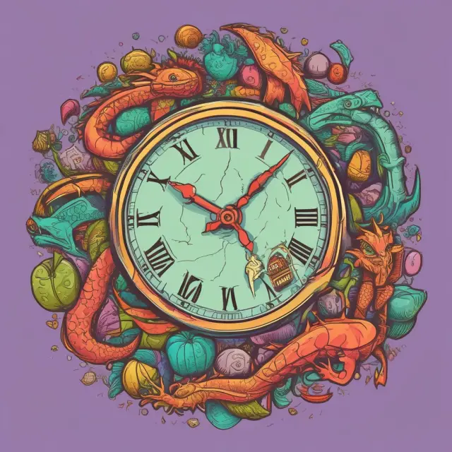 Market segments represented by different-colored clocks, time affecting profitability through clock hands, contrasting piles of high and low GMROI items, and a dragon symbolizing obsolete inventory.