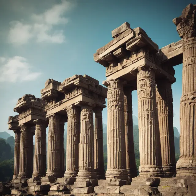 Two pillars representing fixed and variable annuities standing in an ancient temple, with GMWB rider as the foundation for a secure retirement
