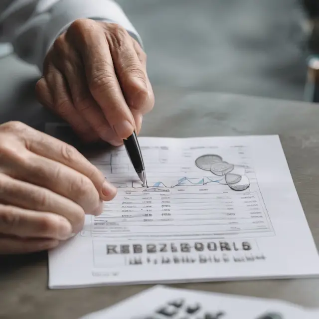 Elderly hand calculating guaranteed minimum withdrawal benefit (GMWB) annual percentage based on age and fluctuating market trends