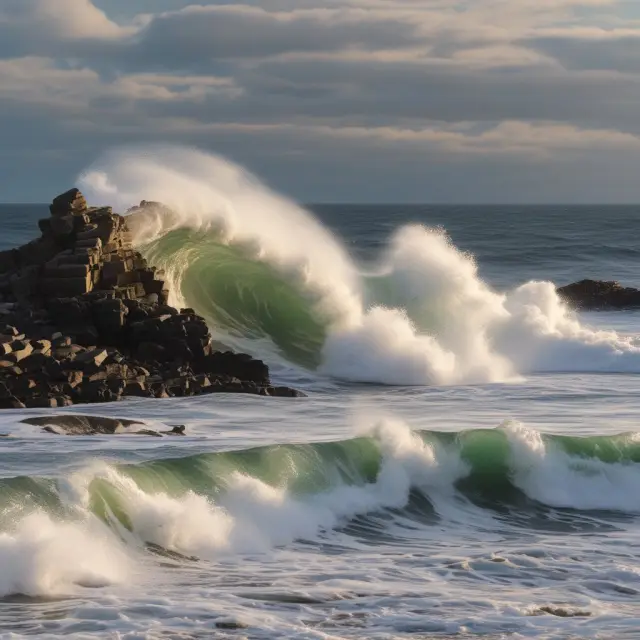 A stormy sea with waves representing surrender charges, mortality risk, and market risk crashing onto a rocky shore symbolizing the complexities of Guaranteed Minimum Withdrawal Benefits