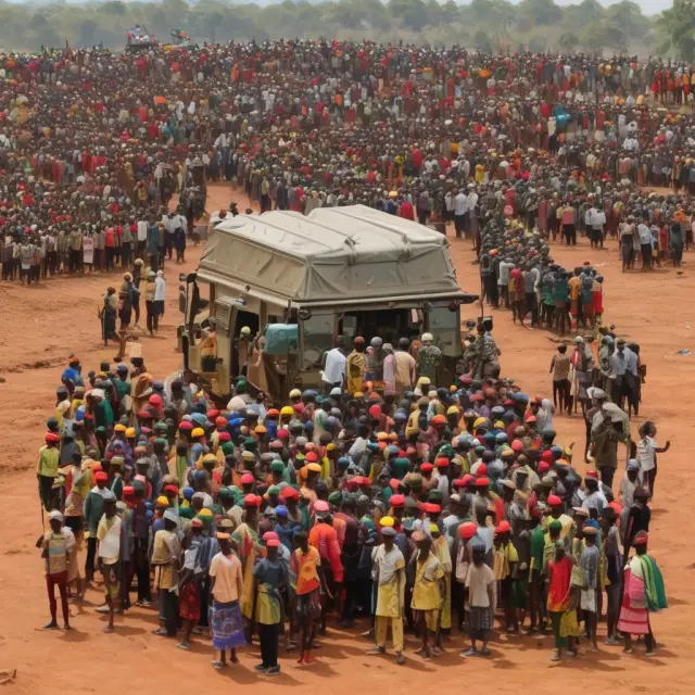 A vintage scale shows an even balance between gold, iron ore, diamonds, and bauxite on one side, with political instability symbolized by a stormy sea on the other