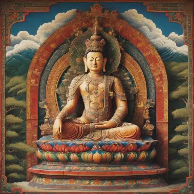 Ancient Bhutanese king fostering GNH on a lotus throne. Four pillars symbolically growing from the flower.