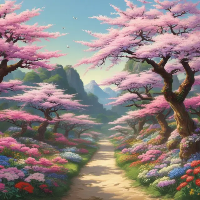 A beautiful garden filled with nine vibrant, interconnected blossoms, each representing the domains of Gross National Happiness