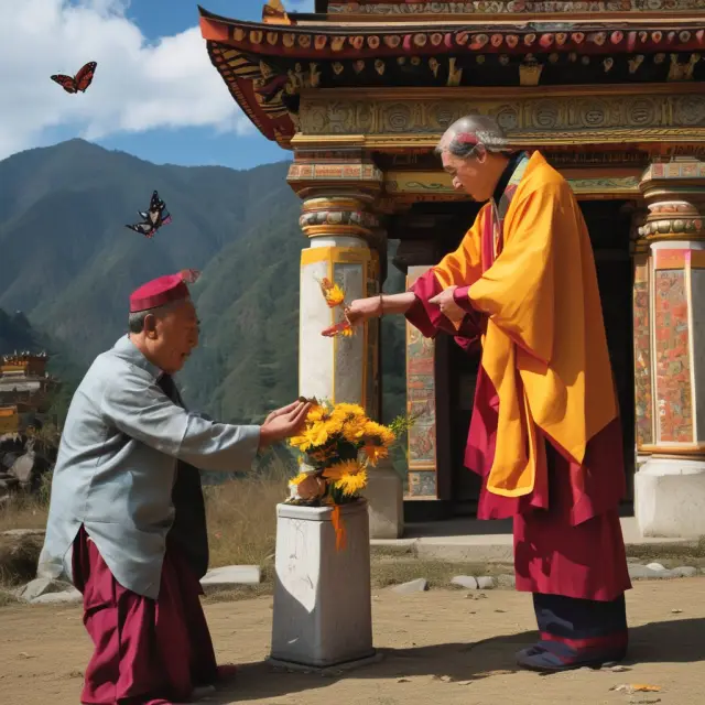 Buthanese King unveiling a butterfly symbolizing GNH, with foundational pillars (good governance, sustainable development, etc.) blooming from the ground