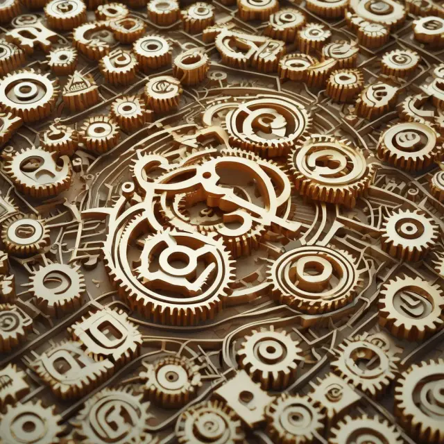 An intricate maze of interconnected gears representing spreadsheet cells illustrates the challenges in handling multiple variables with Microsoft Excel