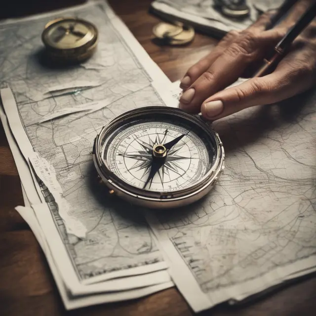 An investor using a compass and a map marked with goal seeking best practices to navigate complex financial data