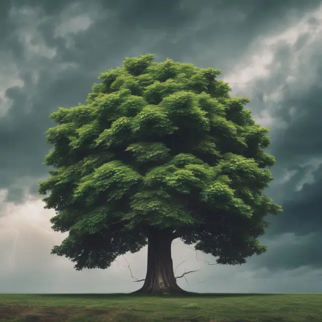 Image of a resilient tree with vibrant leaves representing personal goals amidst a stormy market backdrop