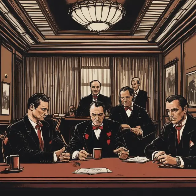 Two figures negotiating at a table, one extending an extravagant offer with a briefcase full of cash, symbolizing Godfather offers