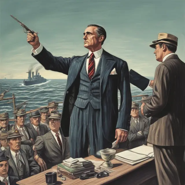 A group of shareholders storming the deck of a corporate battleship, symbolizing the controversy and power shift surrounding Godfather offers.