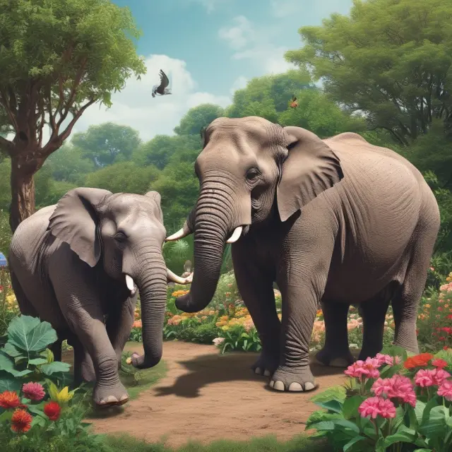 An elephant and rhinoceros collaborating in a lush garden, representing friendly acquisitions, joint ventures, stock swaps, leveraged buyouts, and conditional bids as alternatives to Godfather offers