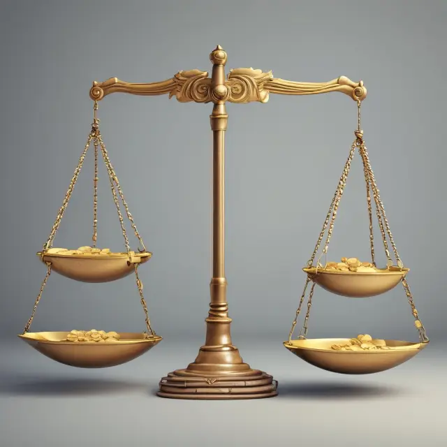 Scale displaying a company balanced between advantages (gold coins) and disadvantages (lead weights)