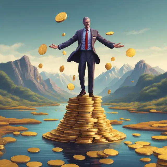 Private equity investor balances debt financing plates, surrounded by assets and a flowing cashflow river
