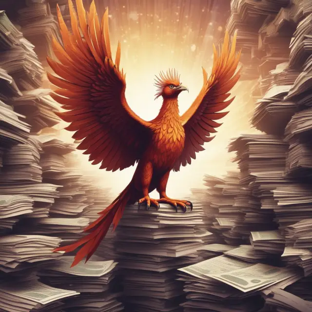 An image of a mythical phoenix emerging from a mountain of financial documents, representing the process of companies transitioning from public to private entities