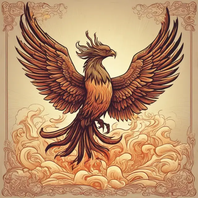 A mythical brand phoenix rises from a nest of intangible assets and future profitability flames, symbolizing a company