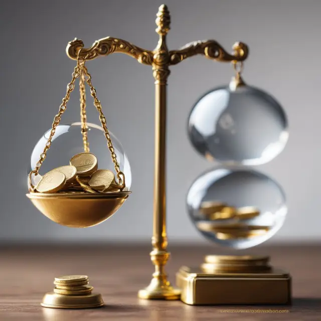 An investor holds a scale with gold coins representing going-concern value and a crystal ball symbolizing liquidation value, considering potential investment opportunities