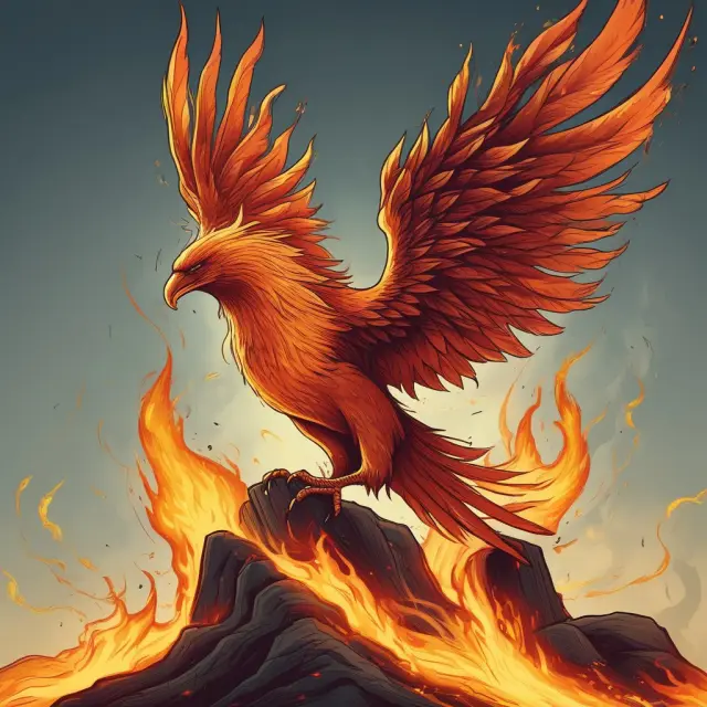 Phoenix emerging from fire with a company logo and employees forming its wings