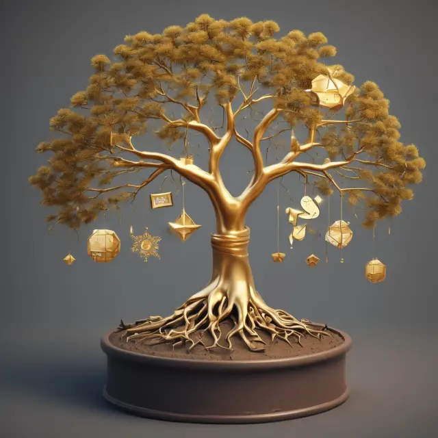 Golden widget tree with intangible roots representing Going-Concern Value and tangible fruits depicting Liquidation Value