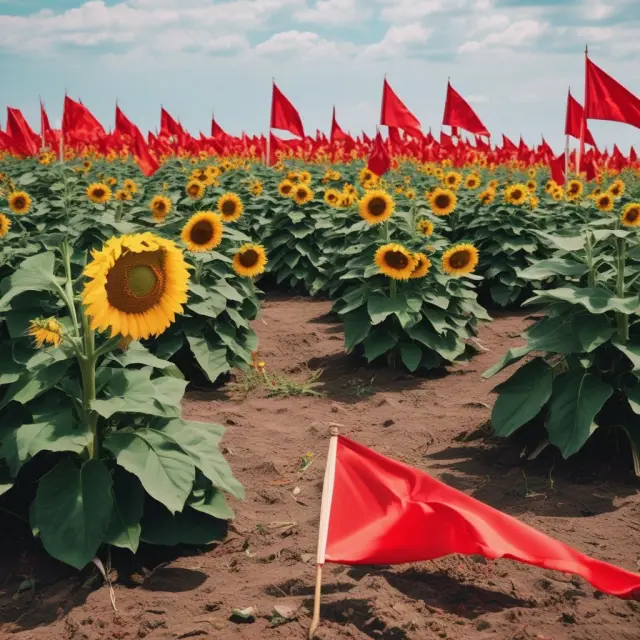 A sunlit sunflower field withering as red financial warning signs emerge, symbolizing a struggling business