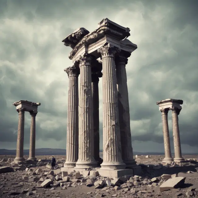 A collapsing pillar structure symbolizes the negative trends and instability causing doubts about a company