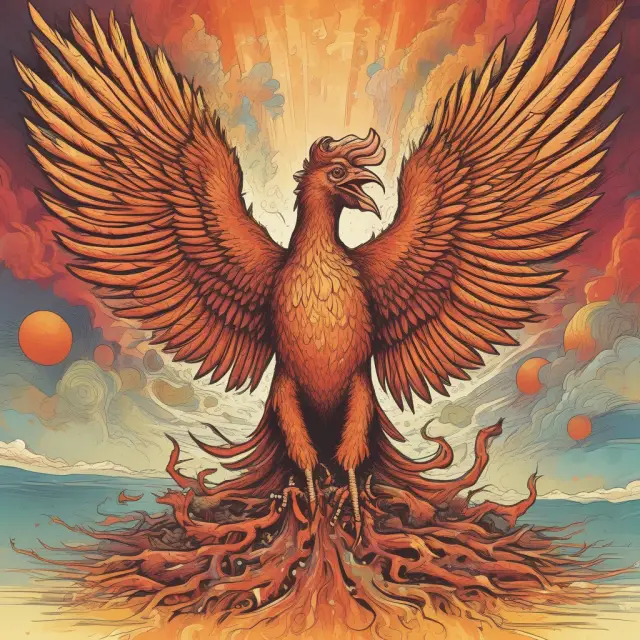 A majestic phoenix emerging from financial chaos, symbolizing the rebirth of a once-troubled company