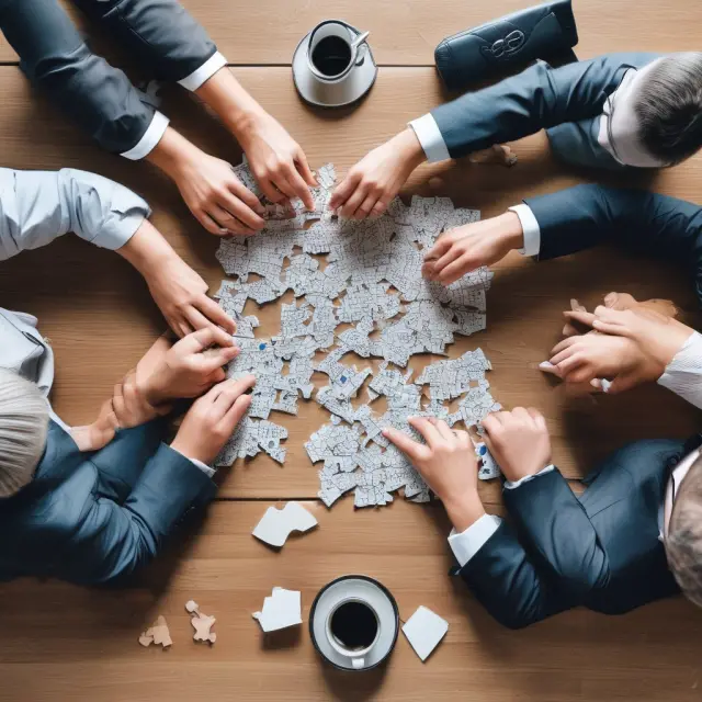 Three key team members collaborating on an intricate financial puzzle: securities lawyer, investment banker, and accountant for a successful IPO