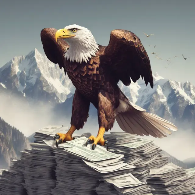 An eagle holding a shield protectively oversaw piles of papers and graphs, representing meticulous investigation in IPOs