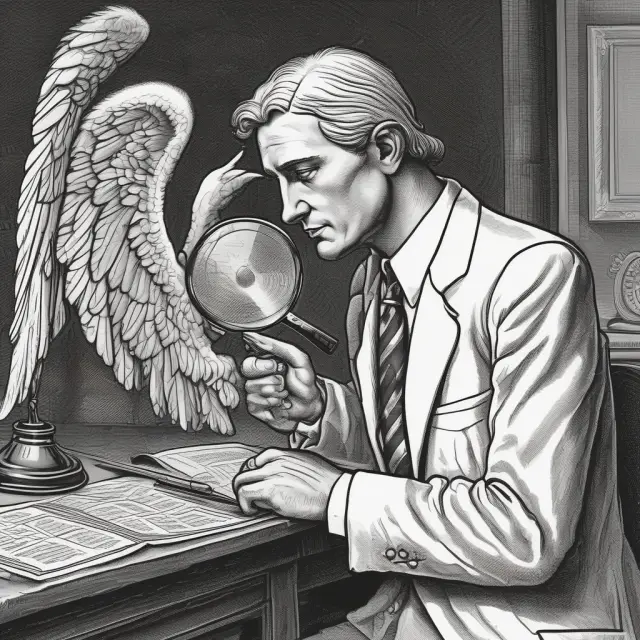 The SEC as a protective guardian angel meticulously examines an IPO prospectus to maintain investor trust and securities law compliance