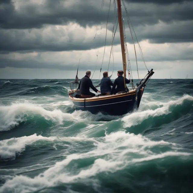 A management team on a ship braving the rough waves of investor inquiries, illustrating the challenges faced during IPO roadshows