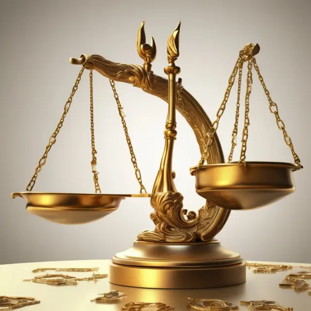 Gold scales with gold coins representing options, tipping towards a strike price