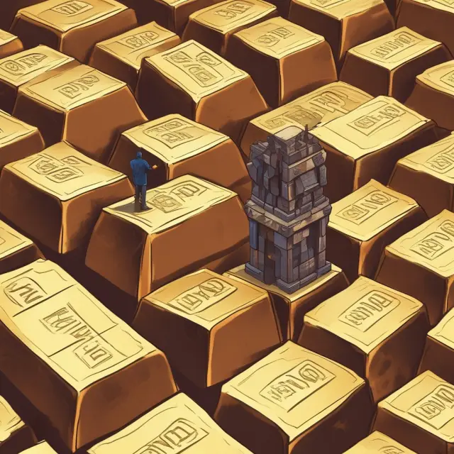 A trader standing on a mountain of gold bars, considering various options from a chest filled with contracts