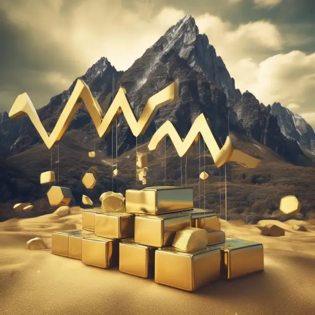 Golden call and put contracts flying above towering bullion mountains illustrating long, short, straddle, and strangle strategies.
