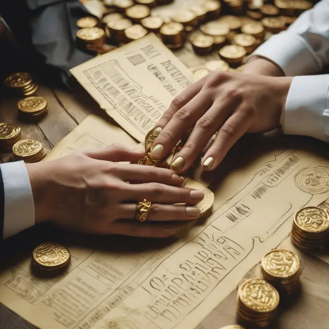 A hand selling a gold put option and another hand buying a gold call option illustrates different strategies for managing gold price risks.