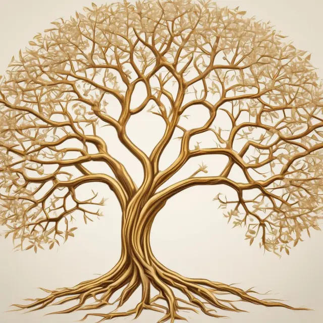 A golden tree with intricately connected branches symbolizing diversified investment portfolios. Gold put and call options appear as vibrant leaves, illustrating risk management and potential gains.