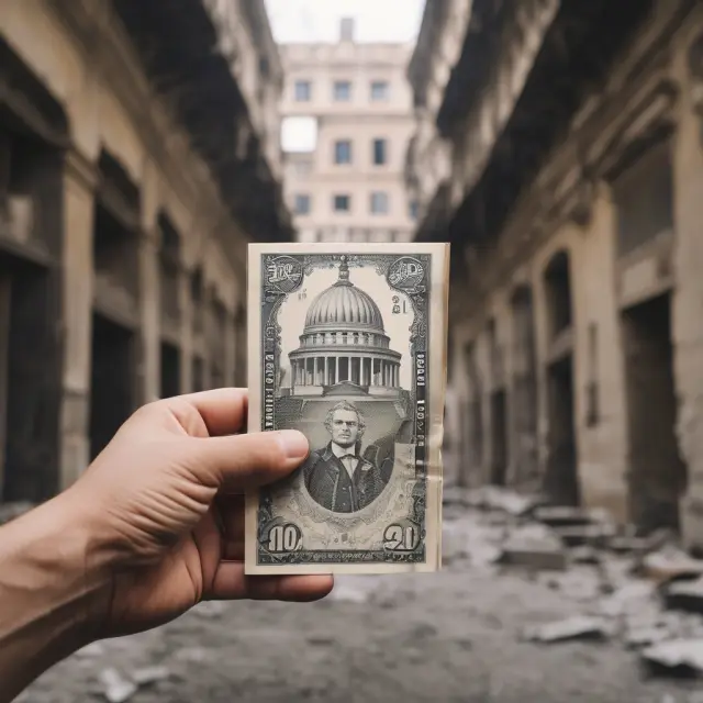A golden hand grasps a devalued fiat currency, symbolizing gold bugs