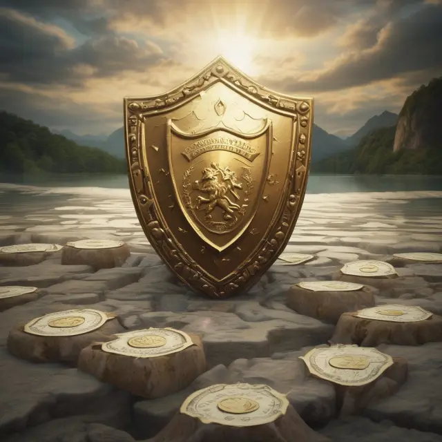 Golden shield defending against a river of devaluing currency, emphasizing gold as a hedge against inflation.