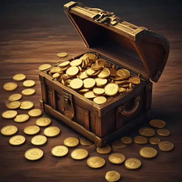 Gold coins, bullion, bars, stocks, and ETFs gathered around a treasure chest, representing diverse gold investment strategies
