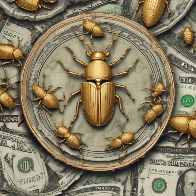 Golden beetles represent gold bugs surrounding a deteriorating US dollar coin, illustrating their belief in the inherent value of gold.
