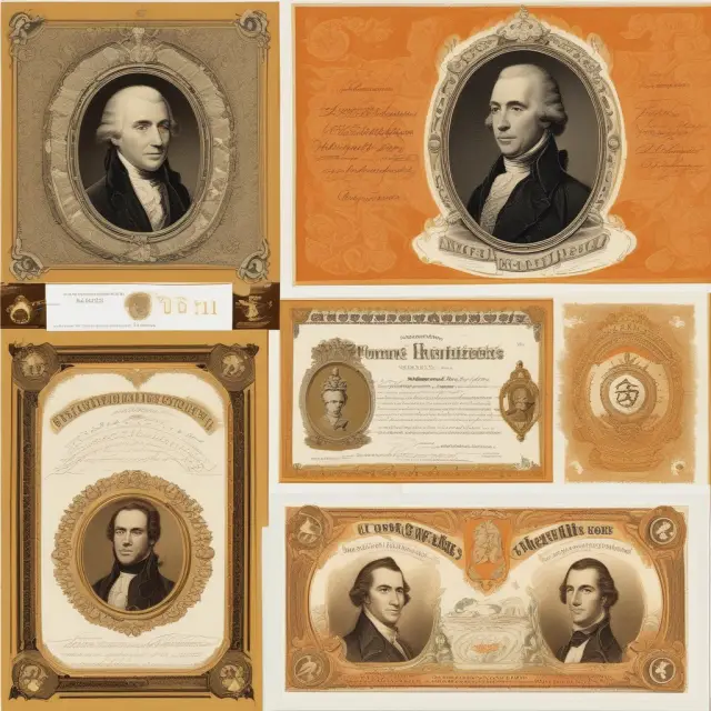 Image of vintage gold certificates compared to modern ones: Ornate designs, Hamilton portrait, orange backgrounds, and gold seals.