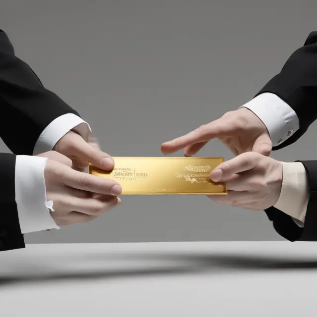 Two golden hands trading a gold certificate for a solid gold bar