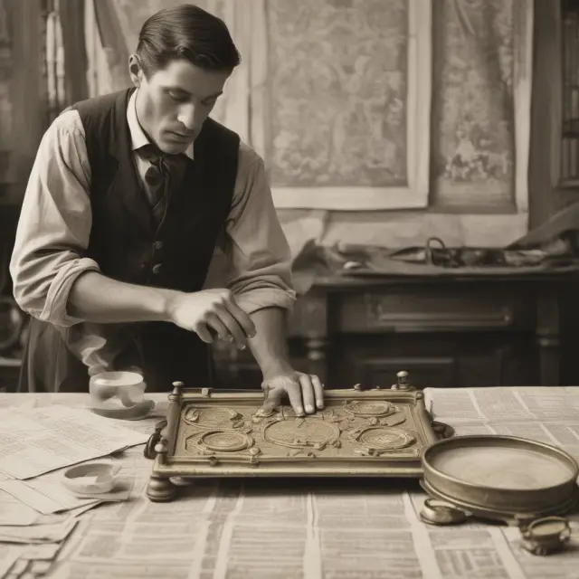 A gold certificate trader carefully examines rare designs and market trends using historical charts and tools