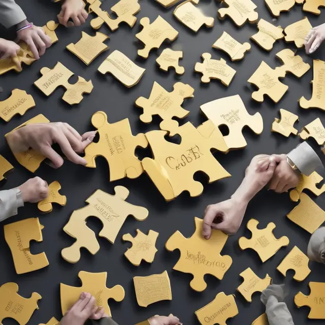 Puzzle pieces representing golden handshake components - cash, equity, performance incentives, non-compete, health benefits, and consulting roles.