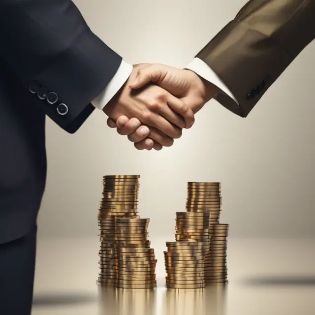 Executives and firms shaking hands over a table filled with golden coins and contracts, illustrating golden handshakes and negotiations