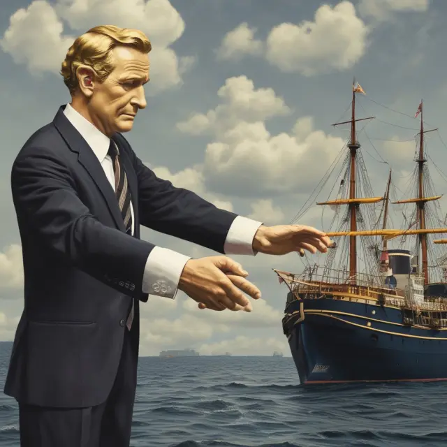 A golden handshake drifting off from a sinking ship, representing the controversy surrounding executive compensation and its impact on a company